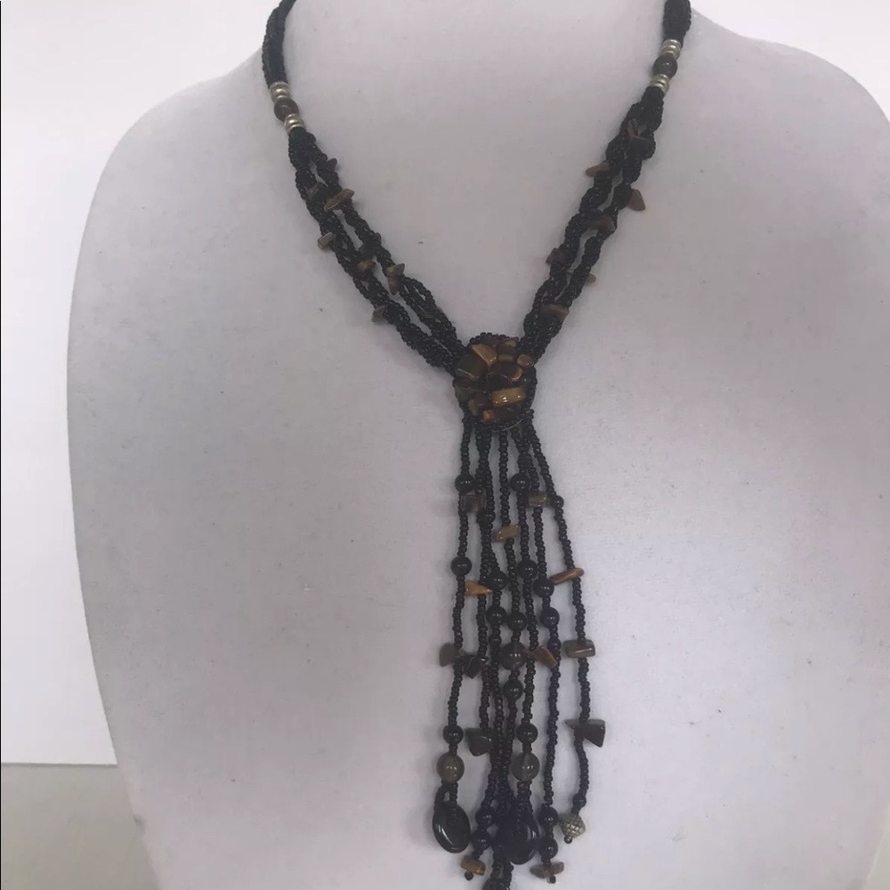Black Brown necklace long beaded multi strand